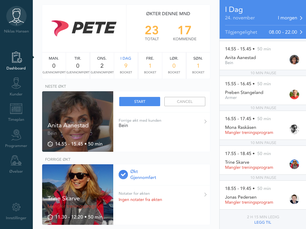PETE app dashboard